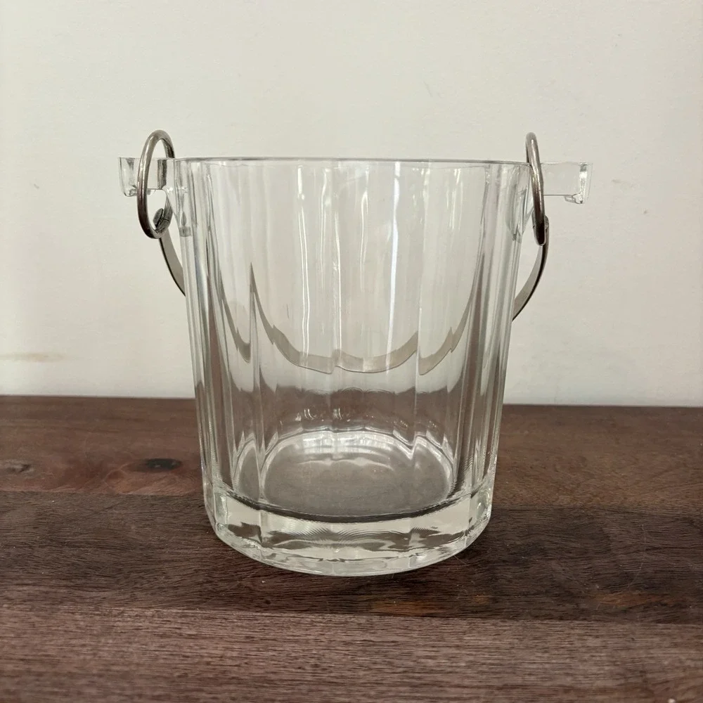 Vintage Faceted Glass Ice Bucket Handle Mid Century Heavy Paneled Barware Wine